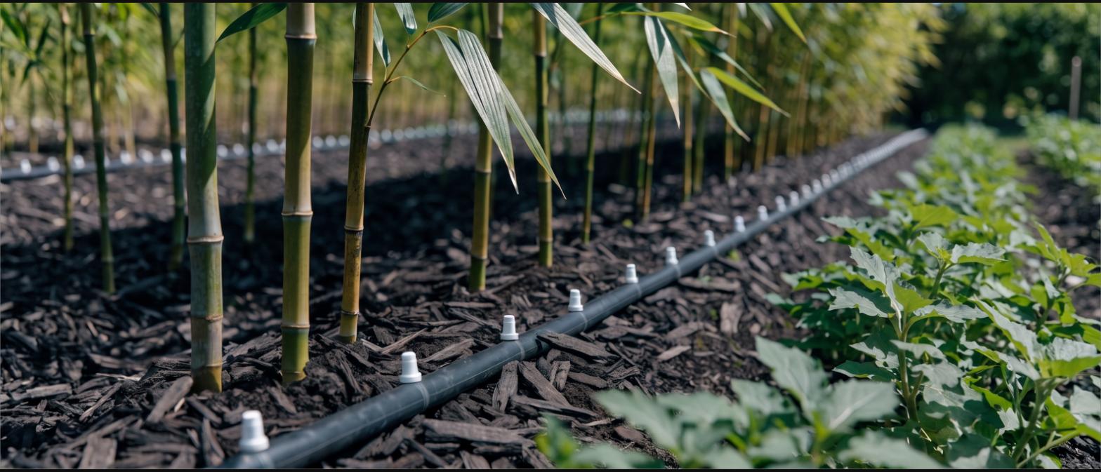 Inline drip irrigation tubing running along a mulched row of young bamboo