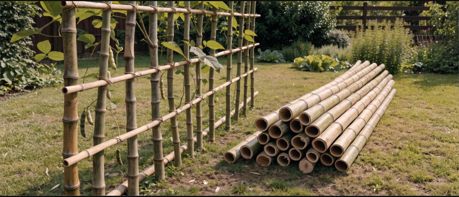 Harvested bamboo poles stacked beside a bamboo bean trellis in a vegetable garden