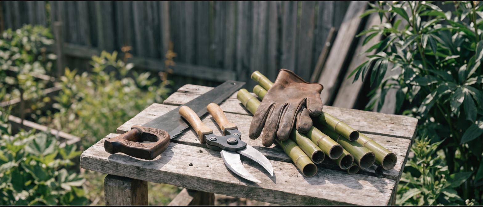 Pull saw, bypass loppers and leather gloves on a bench beside cut bamboo culms